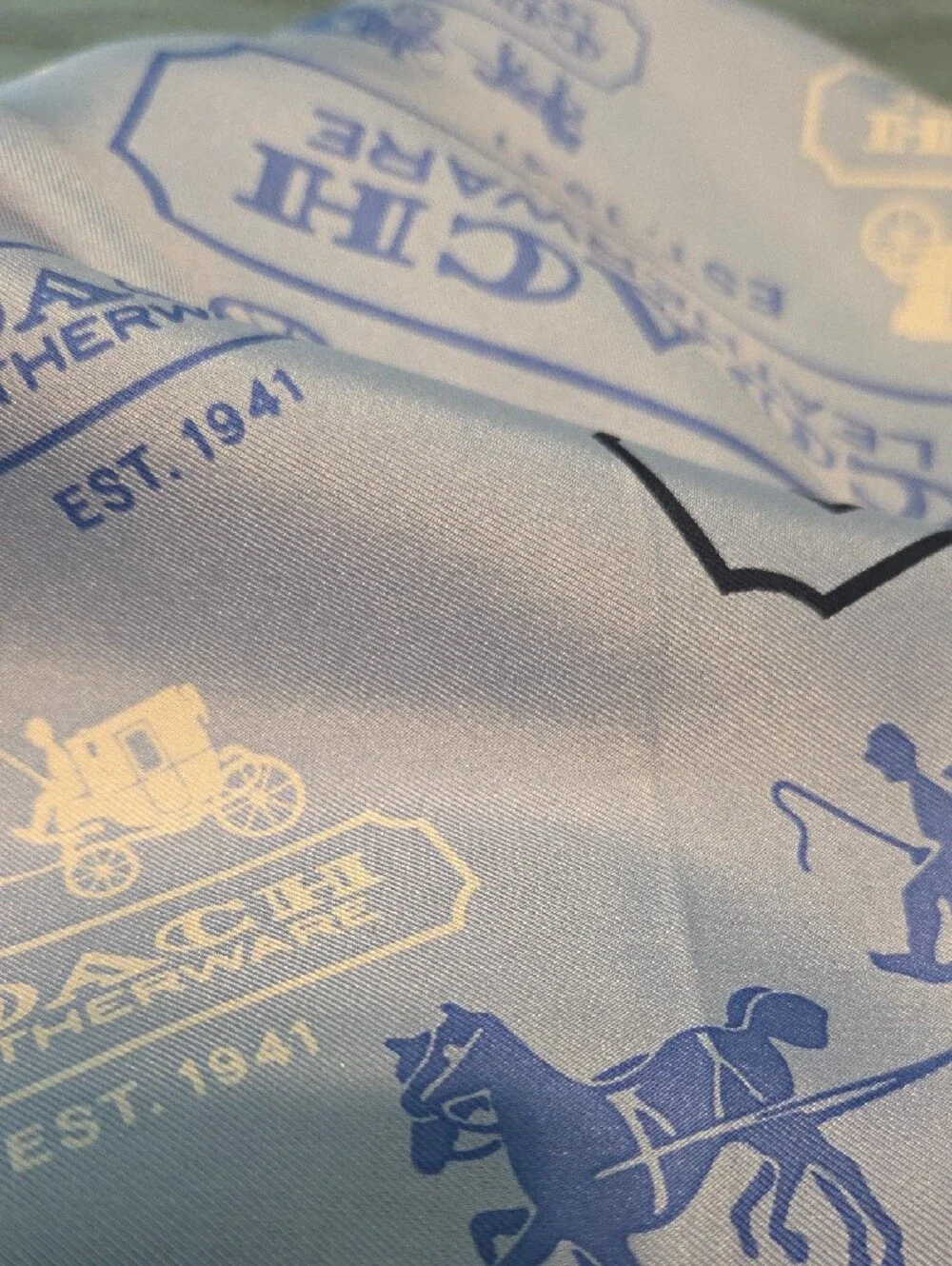 COACH Light Blue and Navy Logo Carriage Silk Scarf NWT